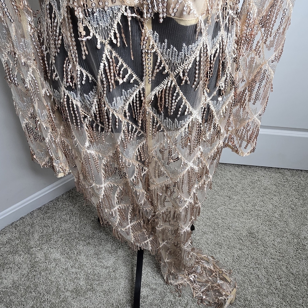 PrettyLittleThing Rose Gold Tassel Sequin Plunge Jumpsuit Sheer US 10 - Picture 5 of 8
